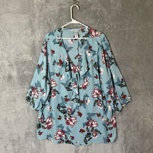 Catherines Top 3X Light Blue V Neck Ruffle 3/4 Sleeves Wrinkle Free Flowy Floral - Picture 1 of 7